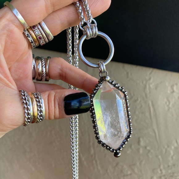 LONG chain BIG 2.5 inch Crystal quartz black electroplated boho goth necklace - Picture 3 of 15